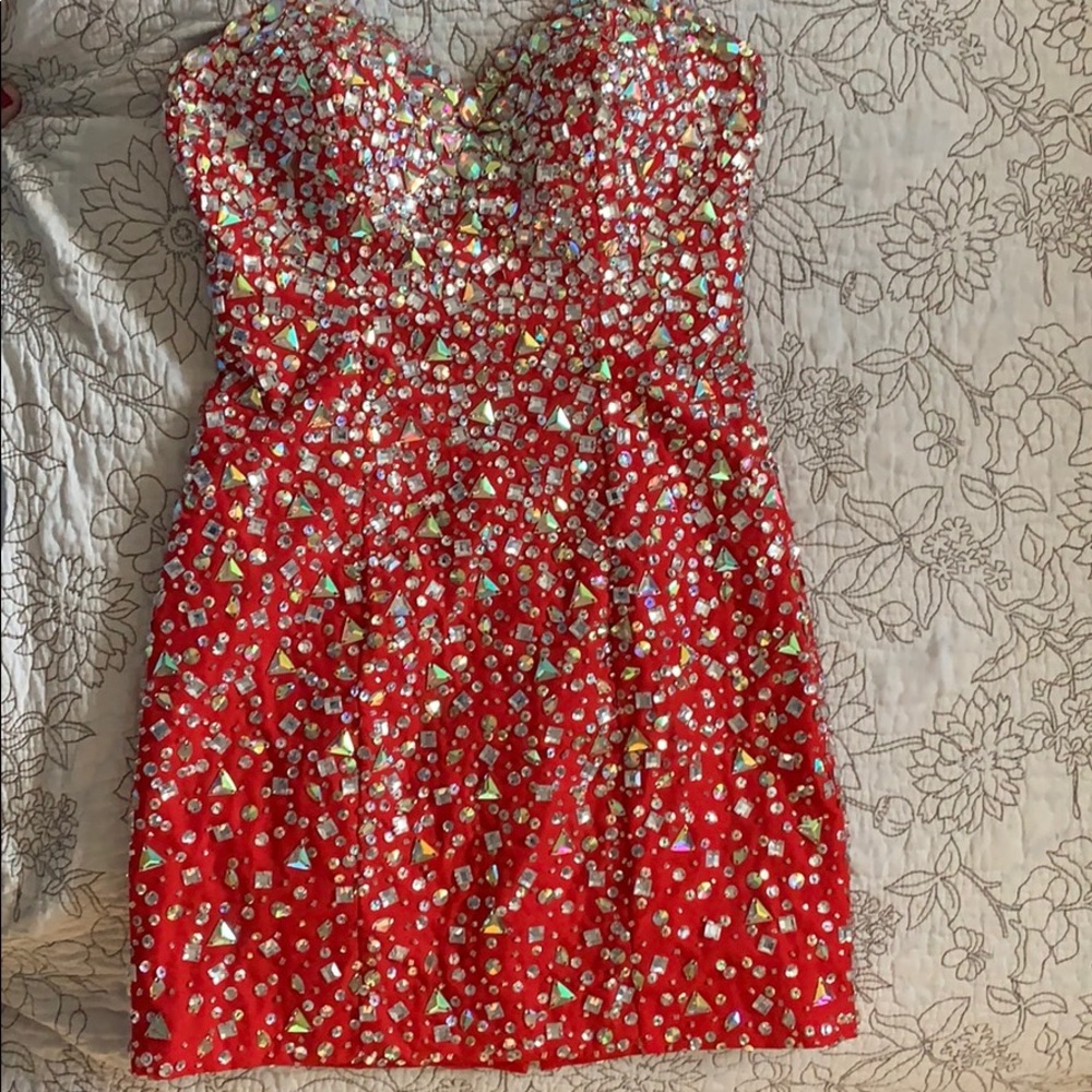 Mori Lee red strapless cocktail dress